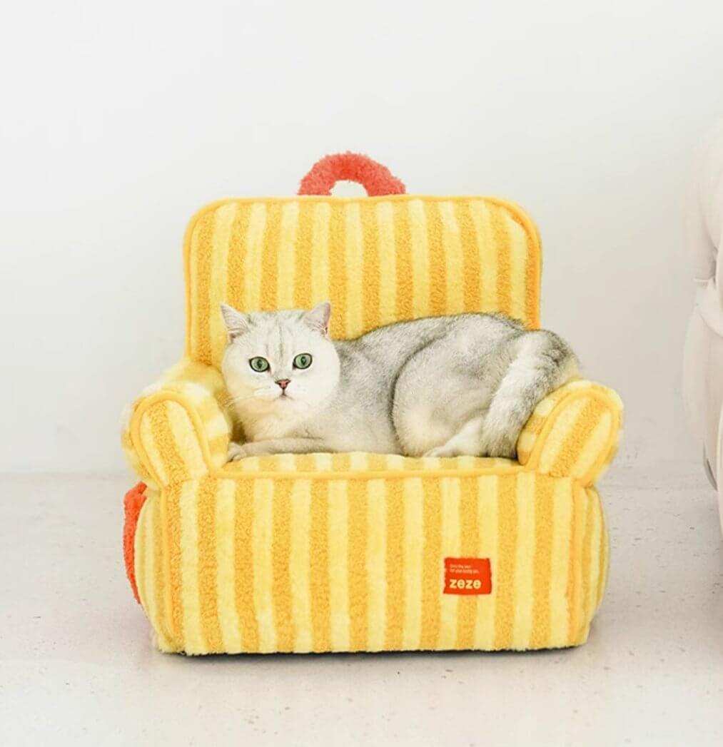 Striped Furry Pet Sofa Soft Bed with Pocket for Cat Dog Yellow - Happy 4 Paws