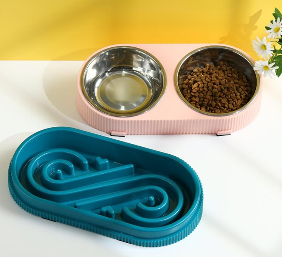 Triple Cat Food Bowls Double - Layer Slow Feed Dog Bowl - Happy 4 Paws