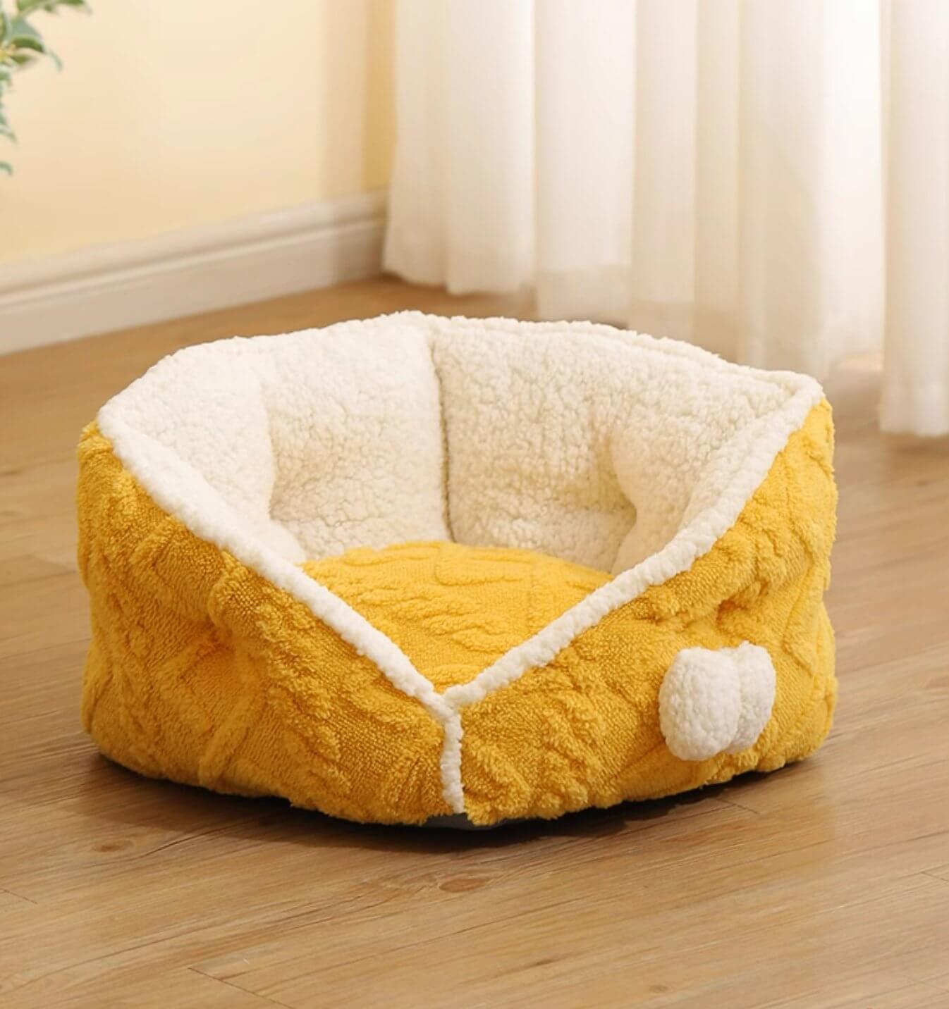 Yellow Cheese Warm Cat Fleece Bed Semi - enclosed Pet Bed for Cat Small Dog - Happy 4 Paws